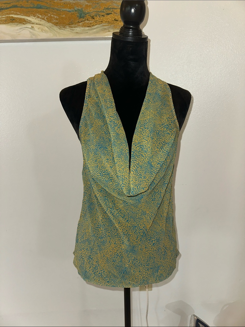 Decree Sleeveless Cowl Neck Top in Teal and Yellow sise m